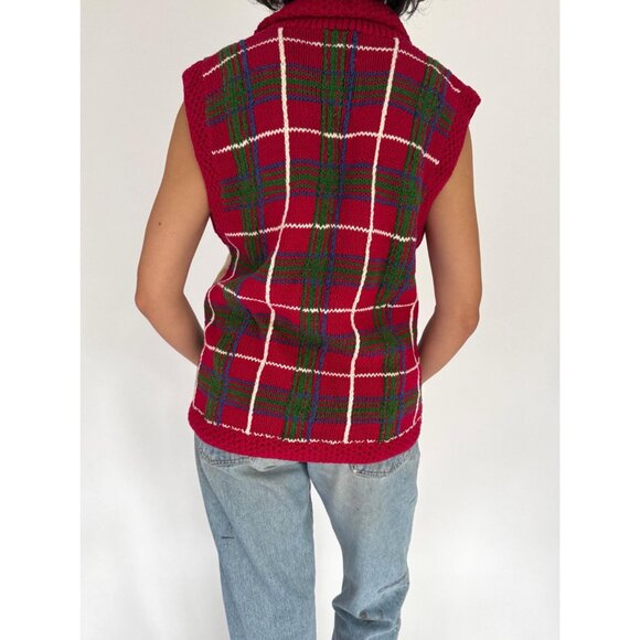 90s vintage outdoor nature print knitted plaid button up hand knit sweater vest - Picture 5 of 9